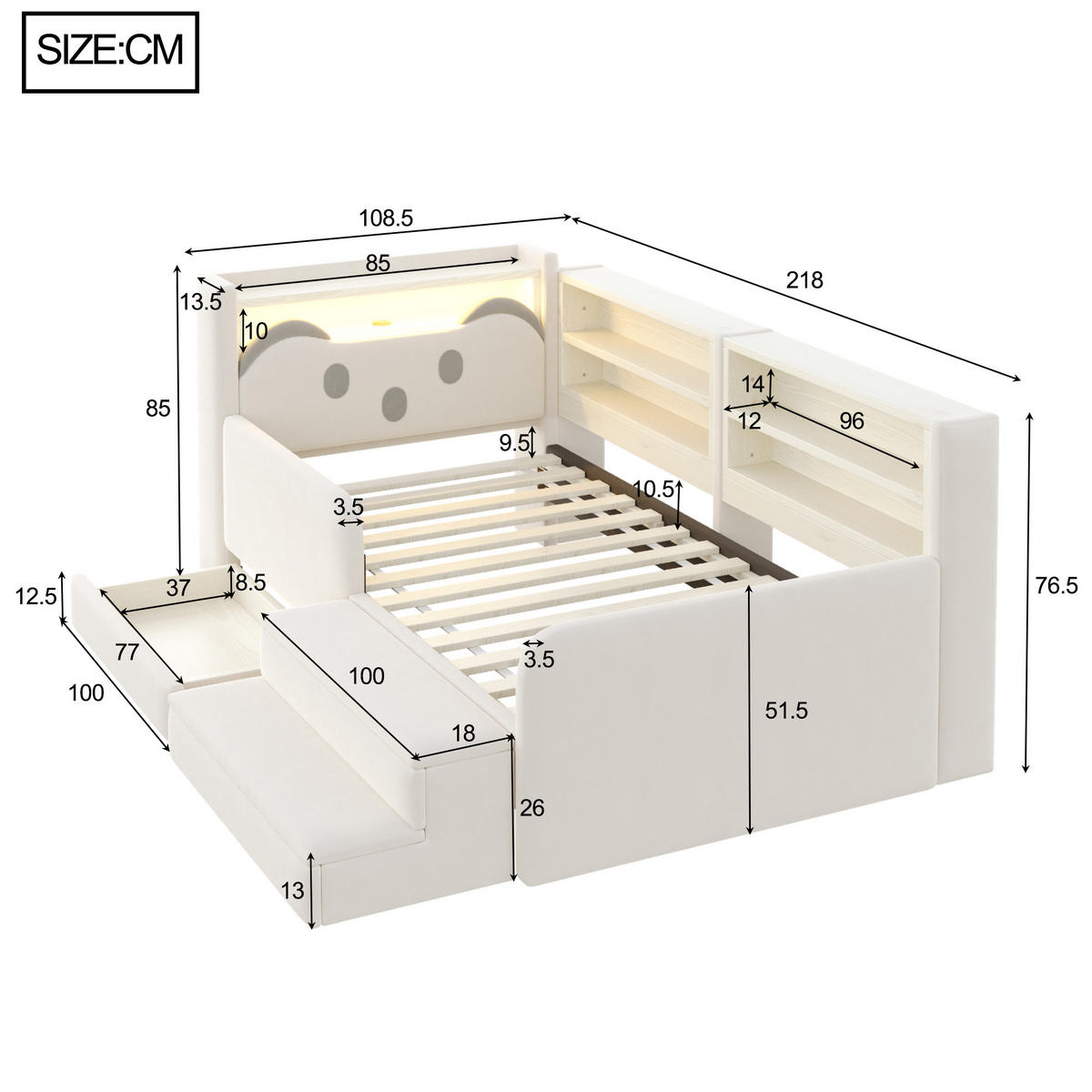 POLSTERBETT 90*200 cm mit LED, USB und Schublade, Beige - Beige, Textil (90/200cm) - FLIEKS