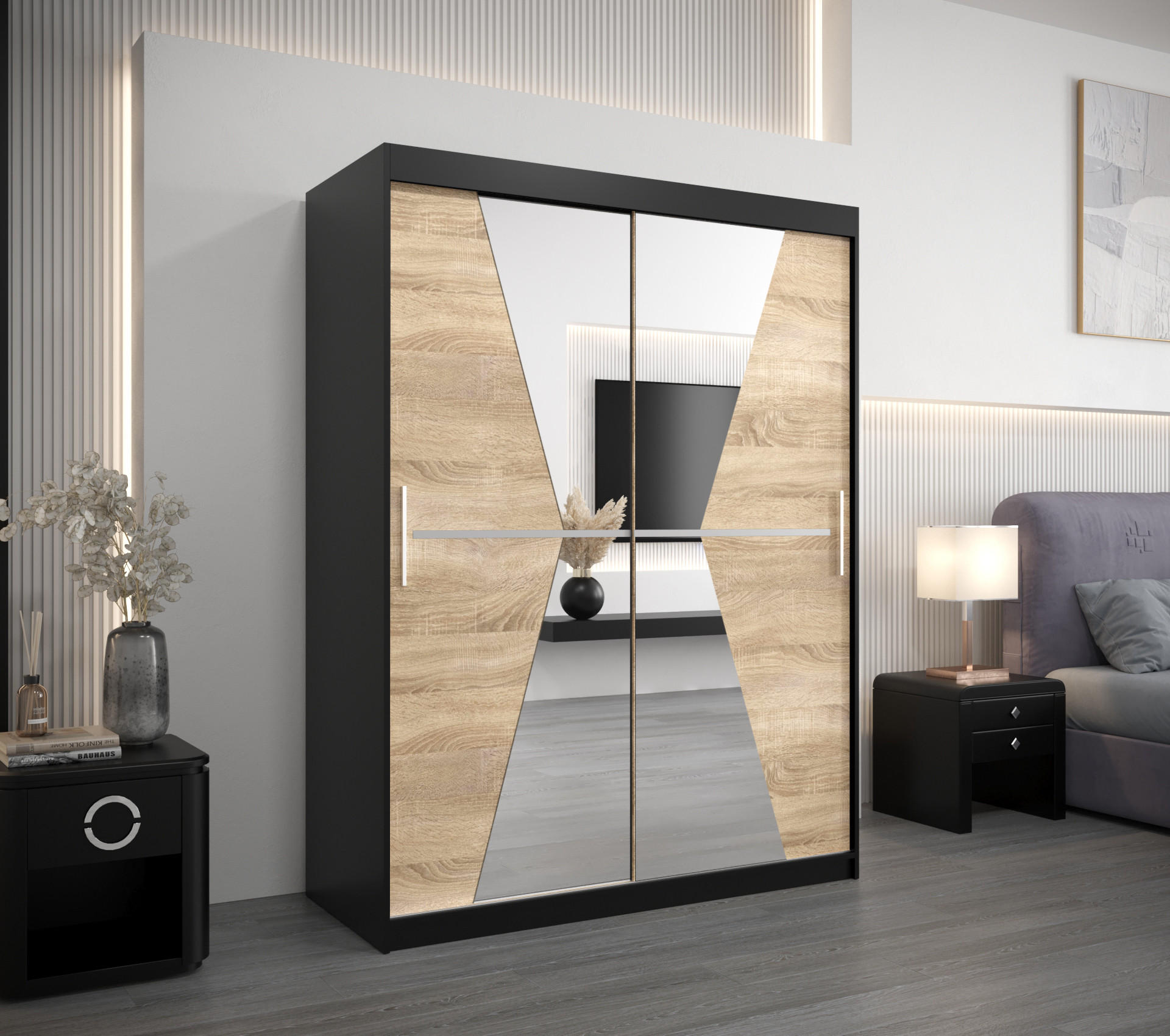 SCHWEBETÜRENSCHRANK 200/150/62 2-türig - Silberfarben/Schwarz, Holz/Kunststoff (150/200/62cm) - Abiks Möbel