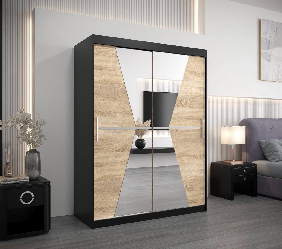 SCHWEBETÜRENSCHRANK 200/150/62 2-türig - Silberfarben/Schwarz, Holz/Kunststoff (150/200/62cm) - Abiks Möbel