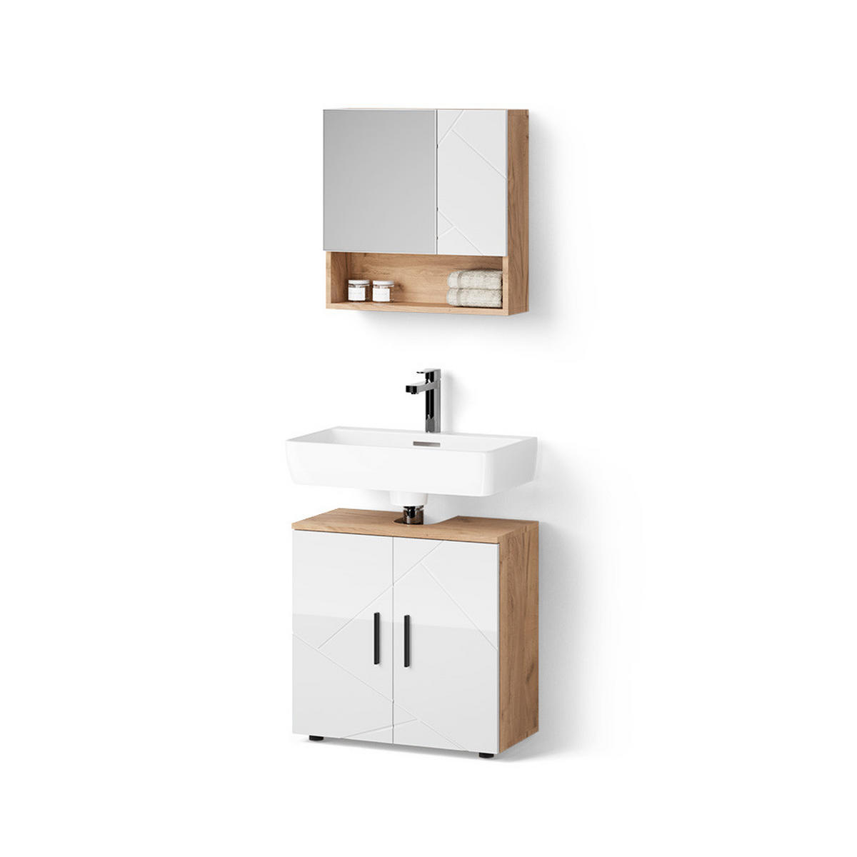 BADMÖBEL-SET Ronco Weiß Hochglanz/Goldkraft Eiche 2 Teile, Unterschrank 60 cm - Honigeiche/Weiß Hochglanz, Holzwerkstoff (60/59/30cm) - Livinity®