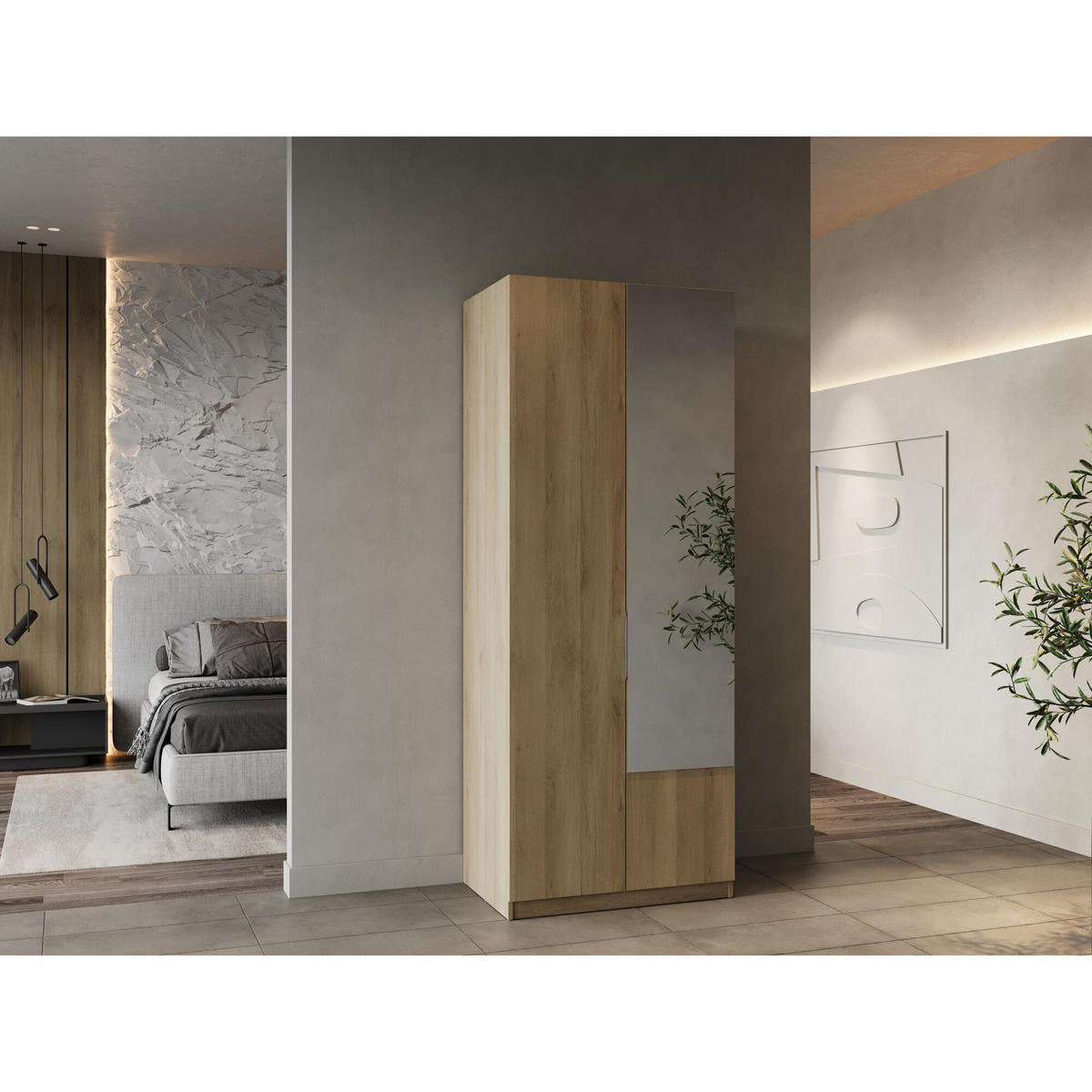 KLEIDERSCHRANK, 2 Türen mit Spiegel - GHOST - Eiche - 79,4 x 51,1 x 203 cm - Beige, Holz (51.1/203/79.4cm) - Demeyere