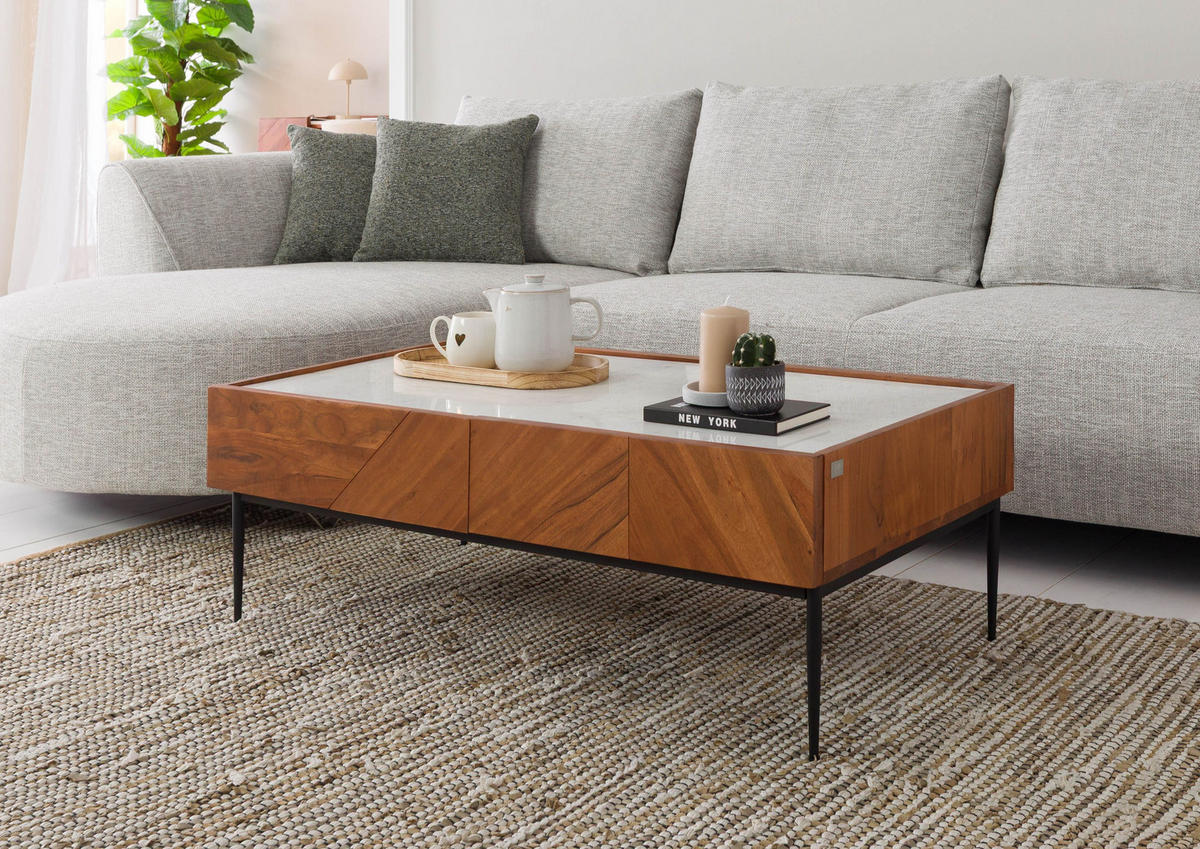 COUCHTISCH Akazie 110x60x38 natur / weiß lackiert KARLSTAD #01 - Braun, Holz (110/60/38cm) - Massivmoebel24