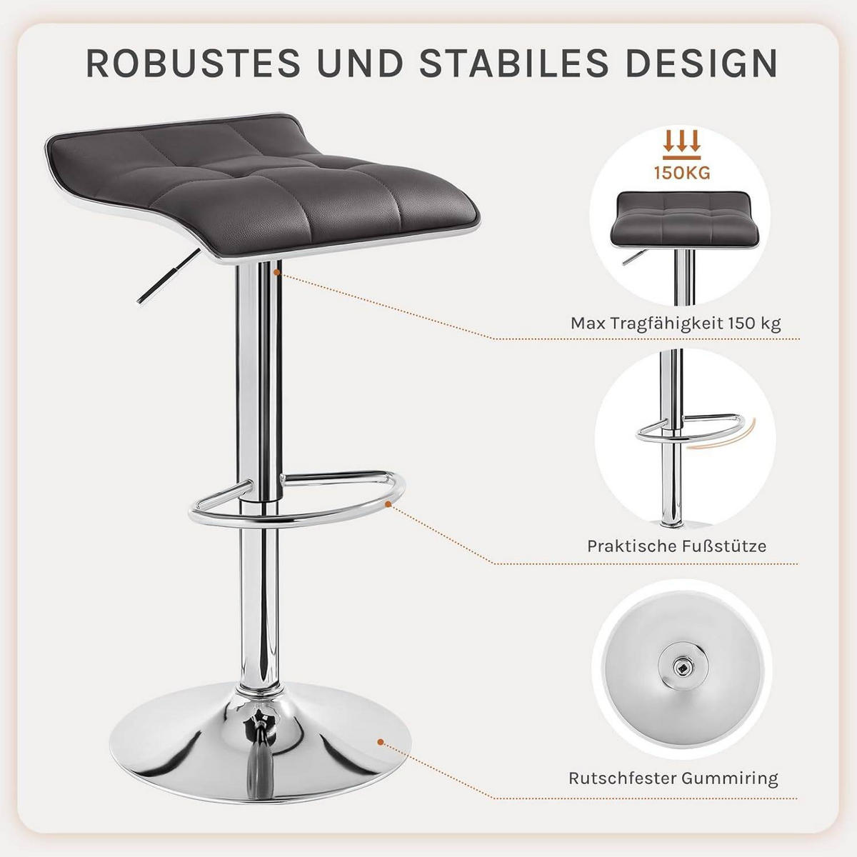 BARHOCKER, Hocker höhenverstellbar, aus PU-Kunstleder Metall - Grau, Metall (39/83/39cm) - Woltu