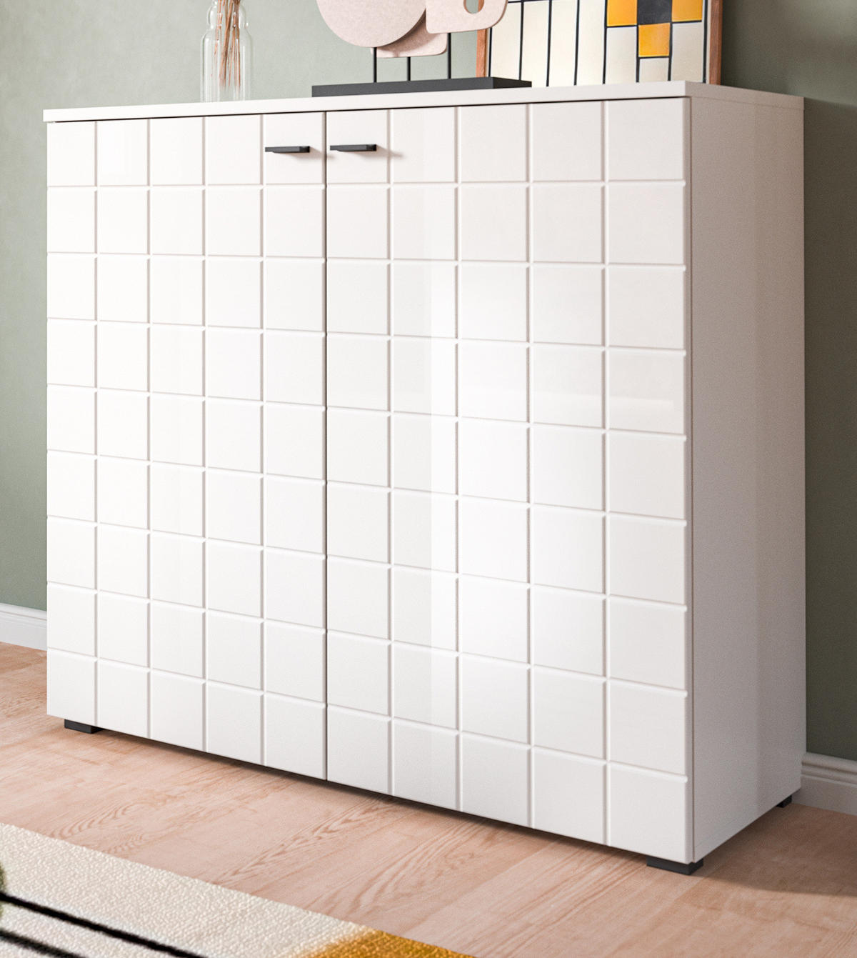 KOMMODE weiß Hochglanz 92 cm, Sideboard mit 6 Fächern - Weiß Hochglanz/Schwarz, Holzwerkstoff/Kunststoff (92/86/37cm) - Inn.Furn