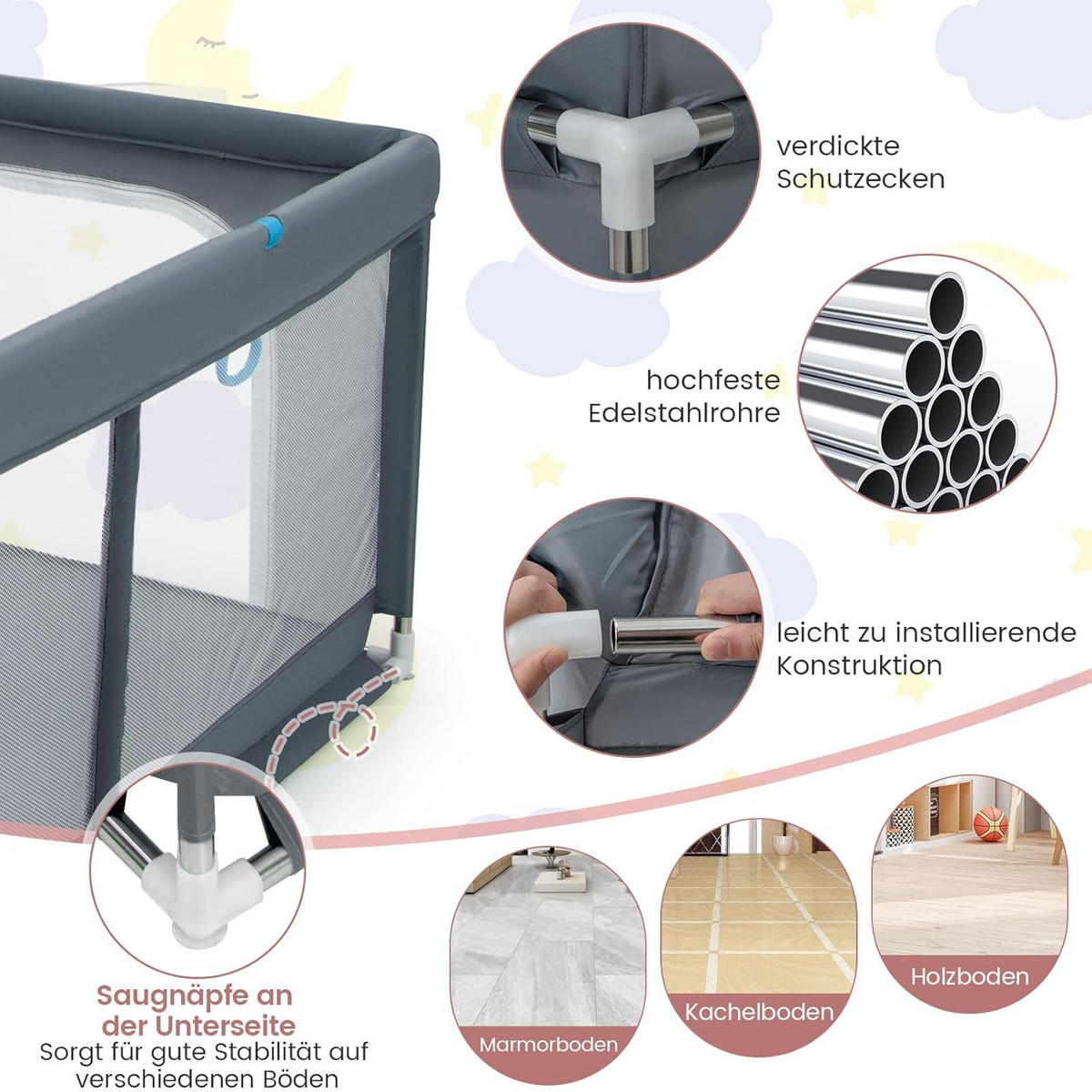 LAUFSTALL 68cm Grau - Grau, Kunststoff (180/200cm) - COSTWAY