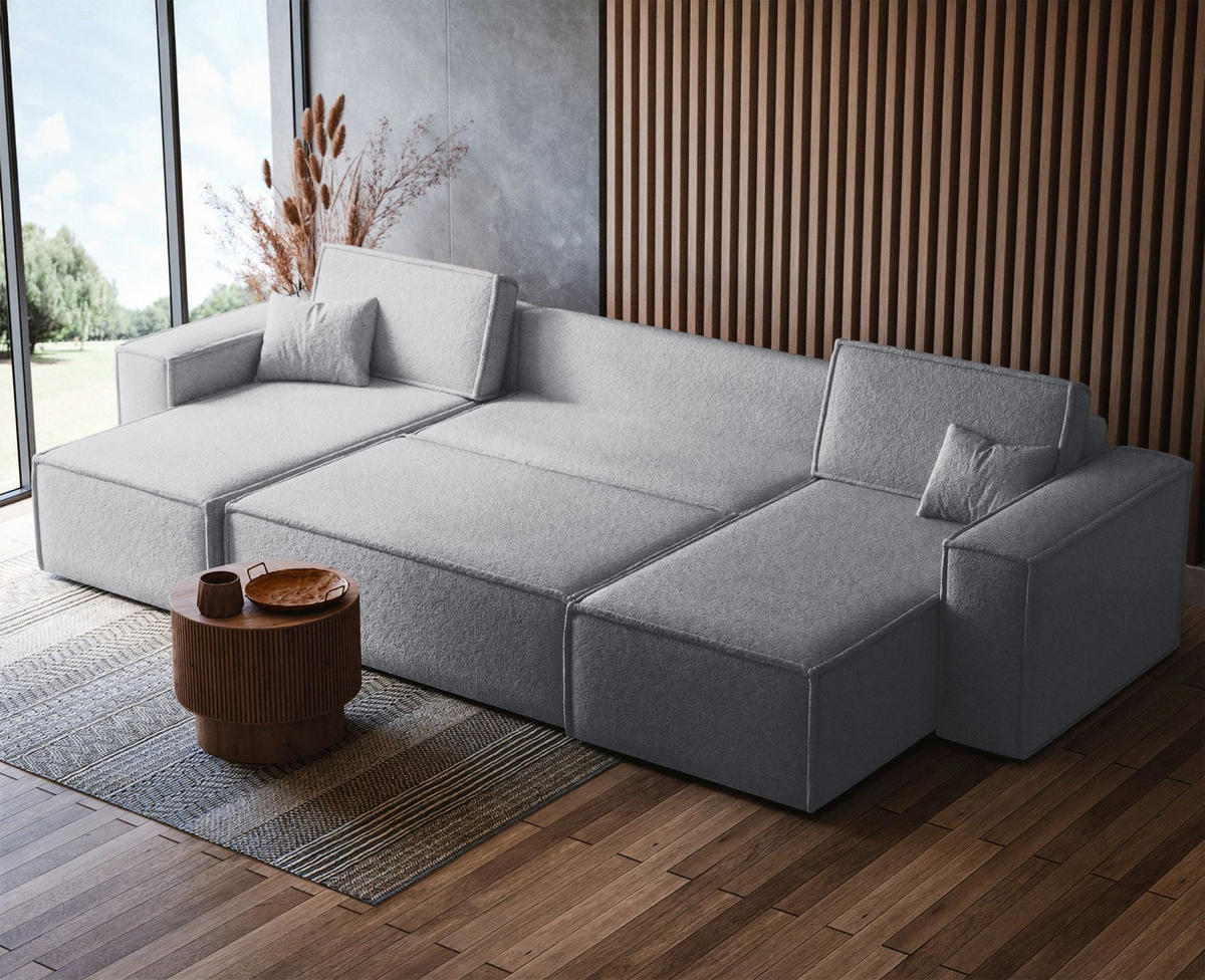 WOHNLANDSCHAFT Scarlo Hellgrau Bouclé-Bezug - Hellgrau/Schwarz, Kunststoff/Textil (312/83/145cm) - Selsey