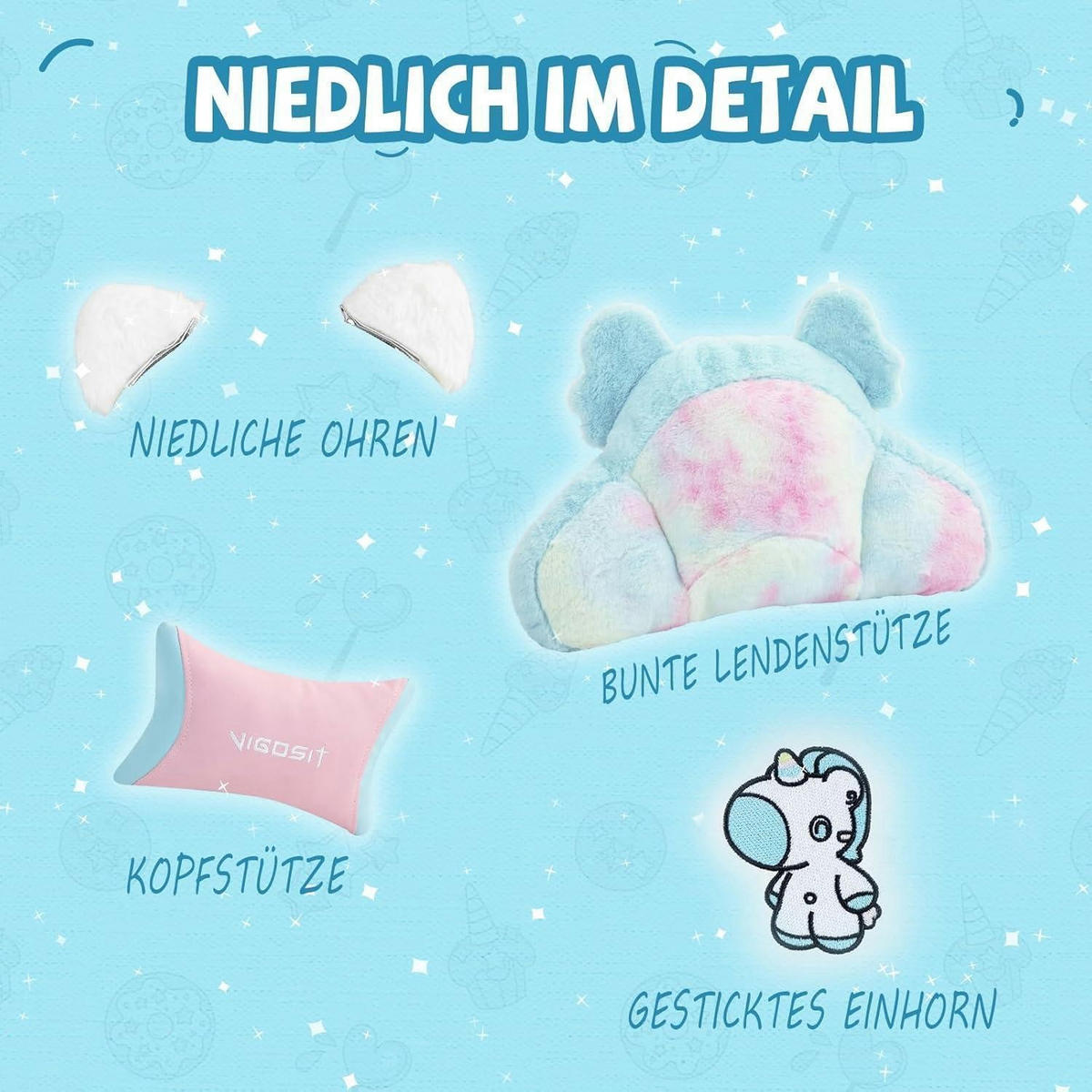 GAMING Stuhl mit Ohren und Kawaii Kissen, ergonomisch, mit Lendenwirbelstütze und Fußstütze, blau-pink - Blau, Textil (59/77/25cm)