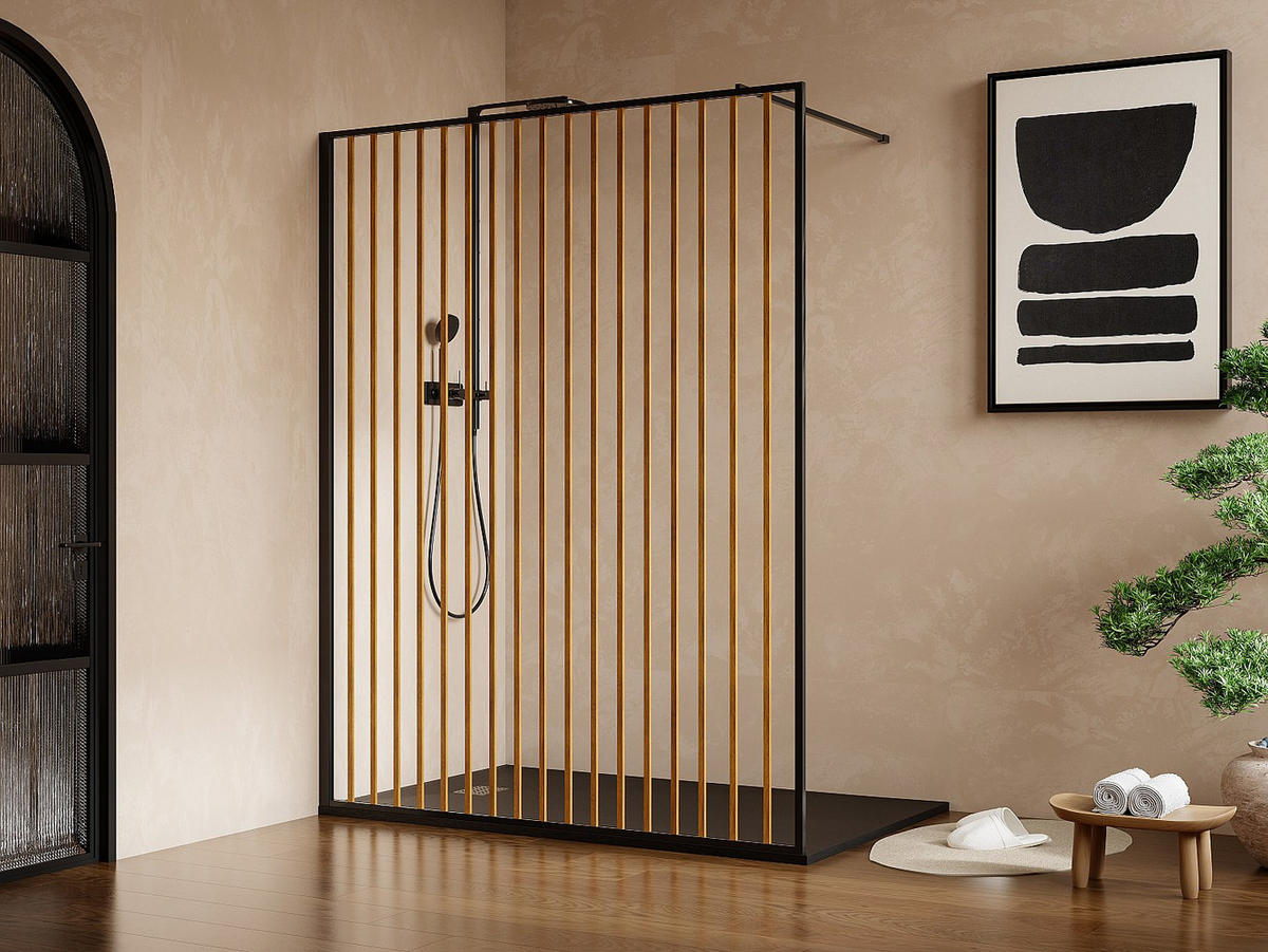 DUSCHWAND für begehbare Duschen - Aluminium - Holz-Optik & Schwarz matt - 140 x 200 cm - TOPEKA - Schwarz, Glas (140/200cm) - Vente-Unique