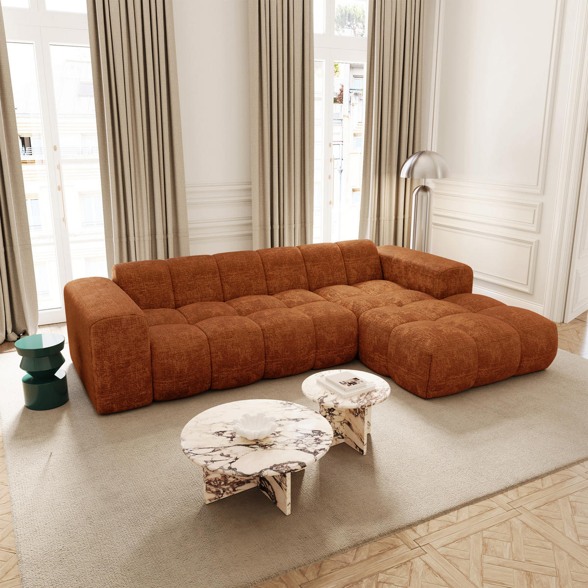ECKSOFA rechtwinklig BLOOM Geprägter Samt Terrakotta 290cm - Dunkelorange/Terracotta, Textil (290/164cm) - Premium Interiors