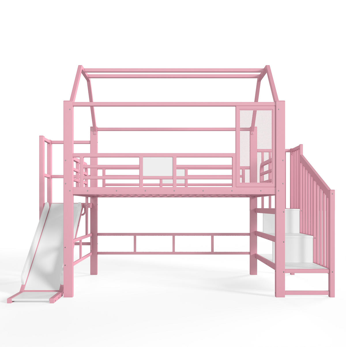 KINDERHOCHBETT MDF & Metall 140x200 cm Pink im Hausdesign mit Rutsche, Treppe mit Ablagen und LED-Beleuchtung - Pink, Holzwerkstoff (140/200cm) - Modfu