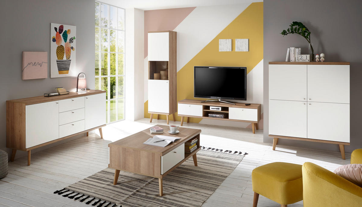 WOHNWAND weiß Eiche Riviera, Schrankwand skandinavisch 3-teilig 277 x 160 cm - Eichefarben/Weiß, Holzwerkstoff/Metall (277/160/40cm)