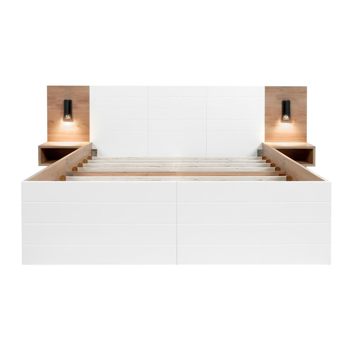 DOPPELBETT 140/200 cm Eiche und Weiß mit Leselicht und USB-Anschluss - Weiß, Holzwerkstoff (140/200cm) - OKWISH