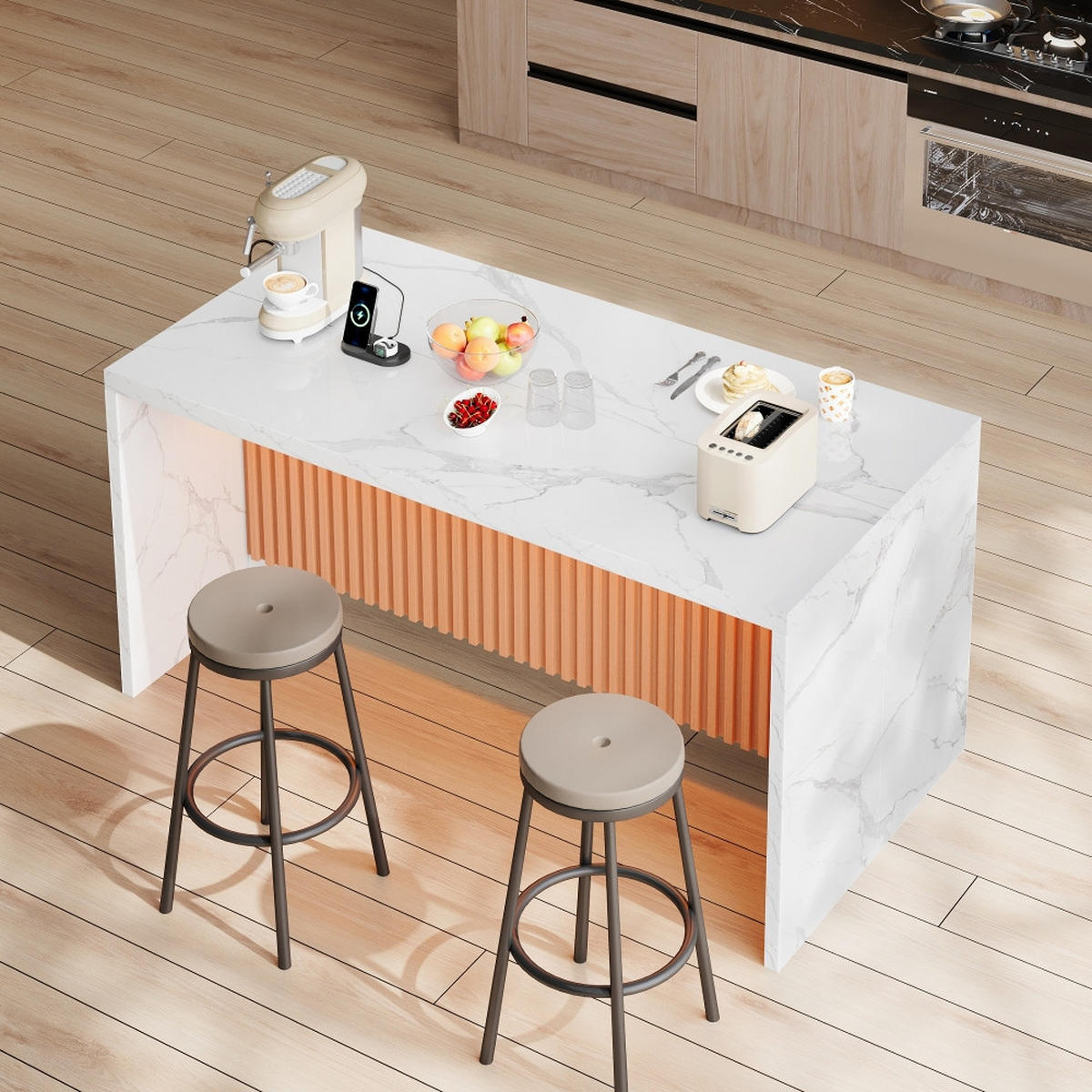 KÜCHENINSEL mit Steckdosen und USB, Weiße Marmoroptik, LED-Beleuchtung, MDF, 155/80/90 cm - Weiß, Kunststoff (80/90/155cm) - Rolipo