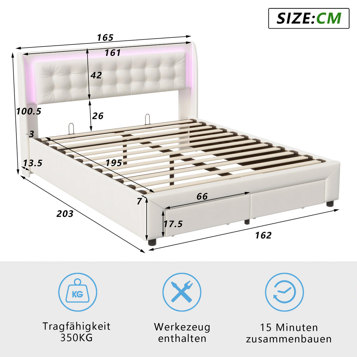 POLSTERBETT 160x200 cm LED Lattenrost Bettgestell beige - Beige, Holz (160/200cm) - LEBENLANG