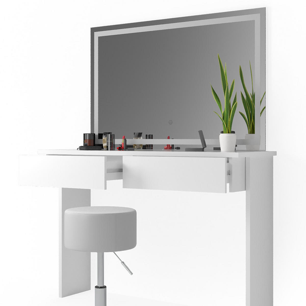 SCHMINKTISCH Azur Weiß 120 cm mit LED-Spiegel und Hocker - Weiß, Holzwerkstoff (120/83/40cm) - Vicco