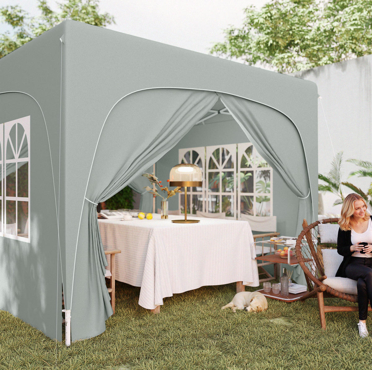 PAVILLON 300/300/273 cm hellgrau aus Polyester höhenverstellbar mit 4 Seitenteilen - Hellgrau, Textil (300/273/300cm) - OKWISH