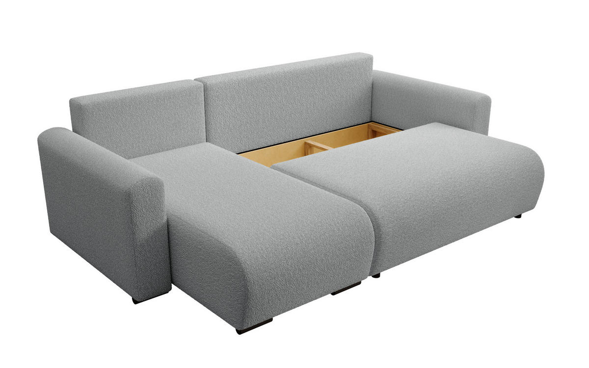 ECKSOFA DORA L, Eckcouch in L-Form mit Schlaffunktion und Bettkasten, Farbe: Grau, Bouclé-Stoff, Ottomane Links - Grau, Textil (240/143cm) - Storez24