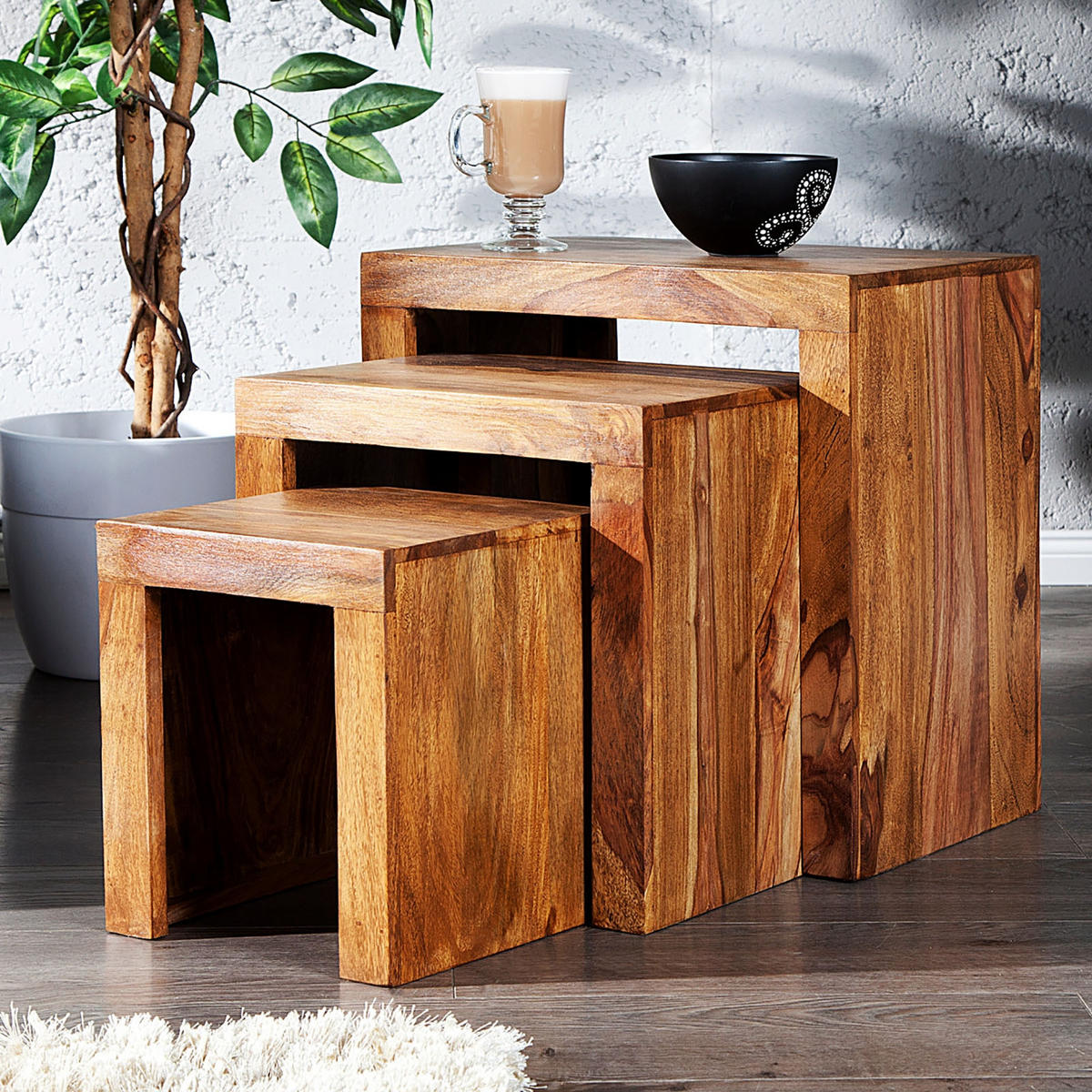 BEISTELLTISCH SHEESHAM 3er Set Massivholz braun - Naturfarben, Holz (45/45/30cm) - DESIGN DELIGHTS