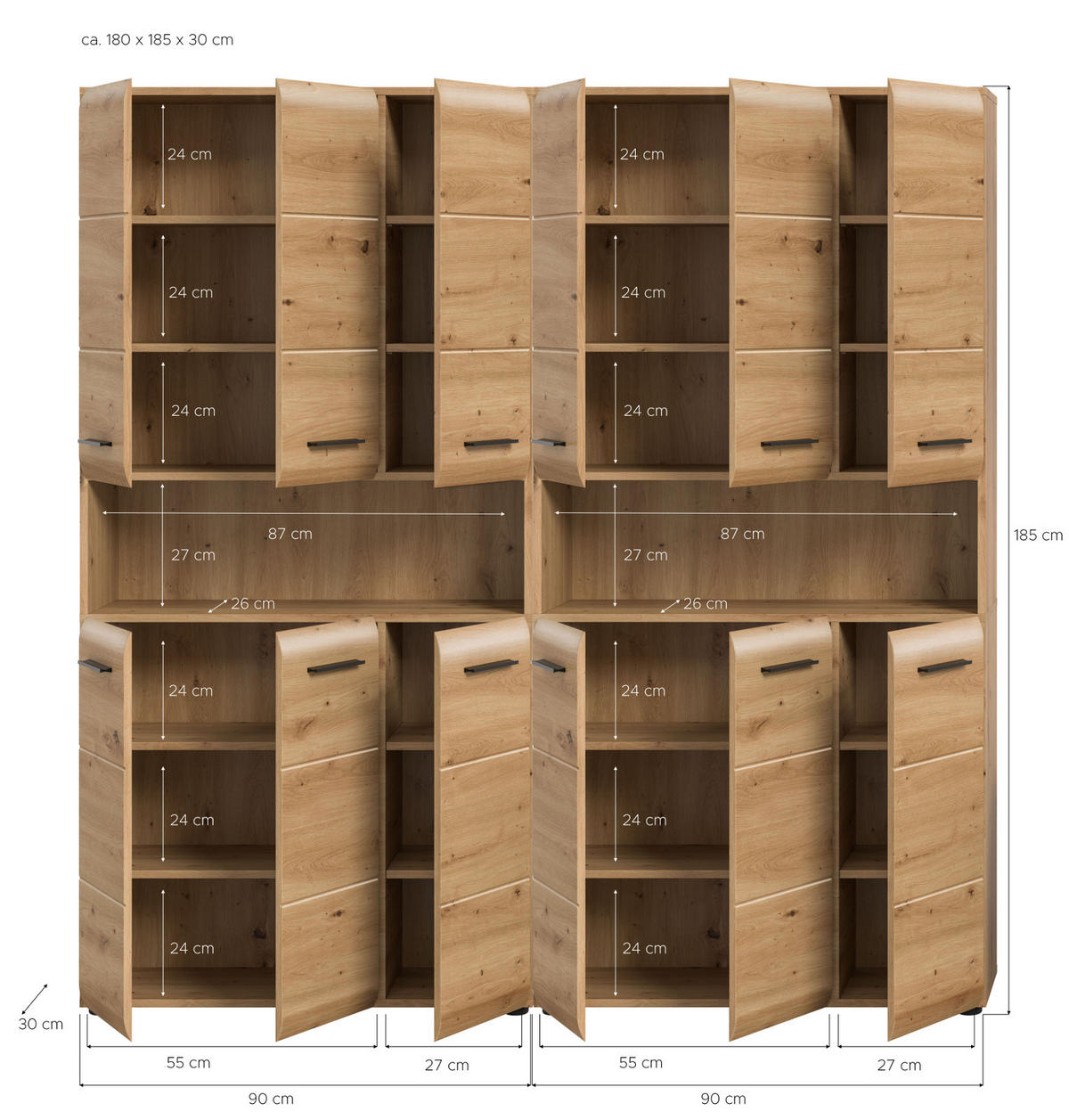 BADEZIMMERSCHRÄNKE Eiche Artisan, 2x Mehrzweckschrank 180 cm, viel Stauraum, Cover - Schwarz/Eiche Artisan, Holzwerkstoff/Kunststoff (180/185/30cm) - Inn.Furn