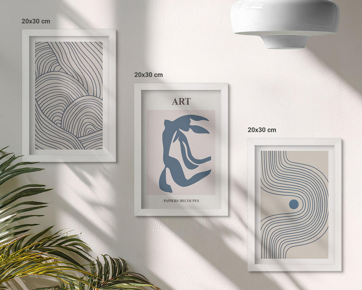 WANDBILDER 3er-Set - 20x30 cm Weißer Rahmen - Abstrakte blaue Linien - Weiß, Kunststoff (20/30cm) - ArtPrintCave