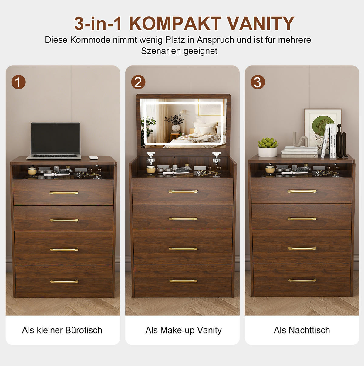 SCHMINKTISCH aus MDF 40x60x118 cm Walnussfarben mit klappbarem Spiegel, Stauraum und Hocker - Weiß, Holzwerkstoff (60/118/40cm) - Modfu