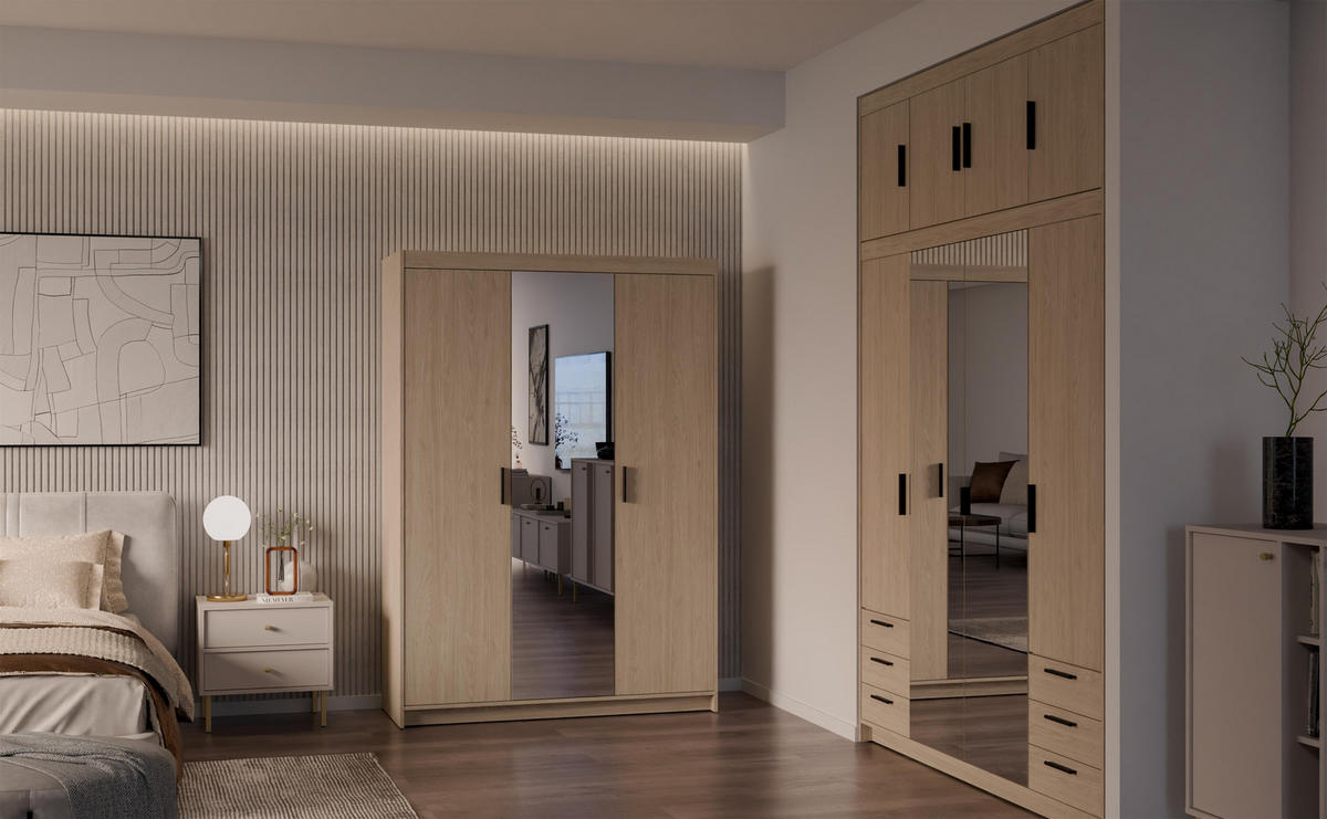 KLEIDERSCHRANK Storicos Geölte Eiche 133/190,5/53 cm - Modern mit Spiegel 3-türig - Eichefarben, Holzwerkstoff/Kunststoff (133/190.6/53cm) - AX Living