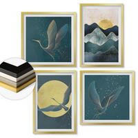 WANDBILDER 4er Set - 50x50 cm & 40x60 cm Goldrahmen - Vögel, Kraniche, Mond, Berge - Goldfarben, Kunststoff (50/50cm) - ArtPrintCave