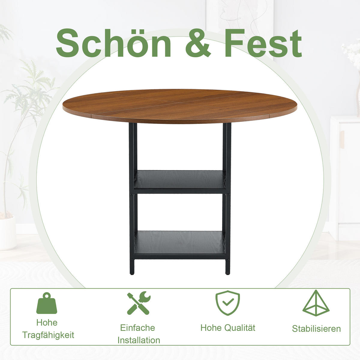 ESSTISCH Moderner Esstisch rund 107 cm mit Ablage, Metallgestell, Nussbaum-Optik, Holzwerkstoff/Metall - Walnussfarben/Schwarz, Holzwerkstoff/Metall (107/107/75cm) - EVRYAE