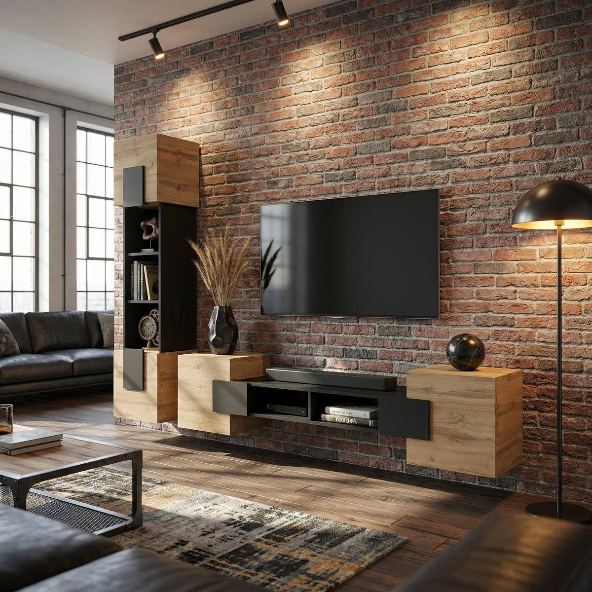 WOHNWAND TORINO Hängend + Stehend, 2-er Set, Mattes Finish, Schwarz + + Eiche Wotan - Eiche Wotan/Schwarz, Holzwerkstoff/Kunststoff (220/172/35cm) - Komodee
