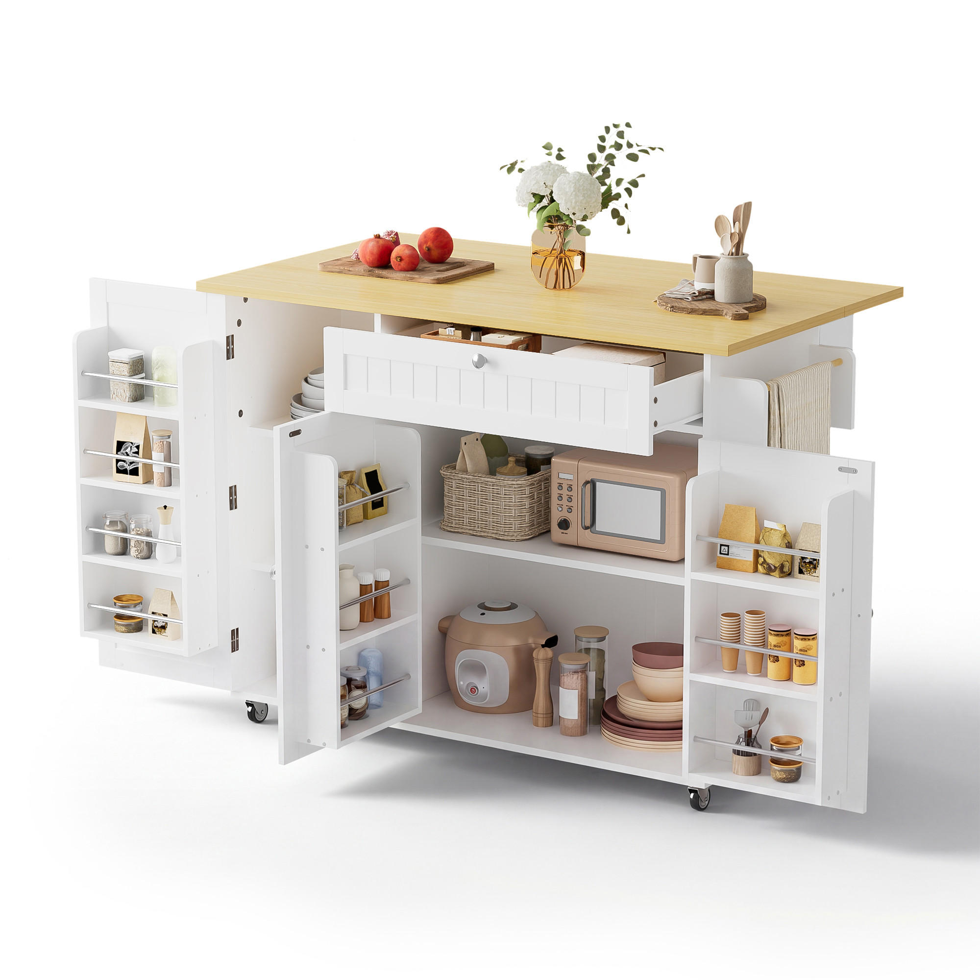KÜCHENINSEL 120 cm FSC MDF Natur Weiß mit Klappbarer Arbeitsplatte und Bartisch Funktion - Weiß, Holzwerkstoff (70/92/120cm) - Korfee