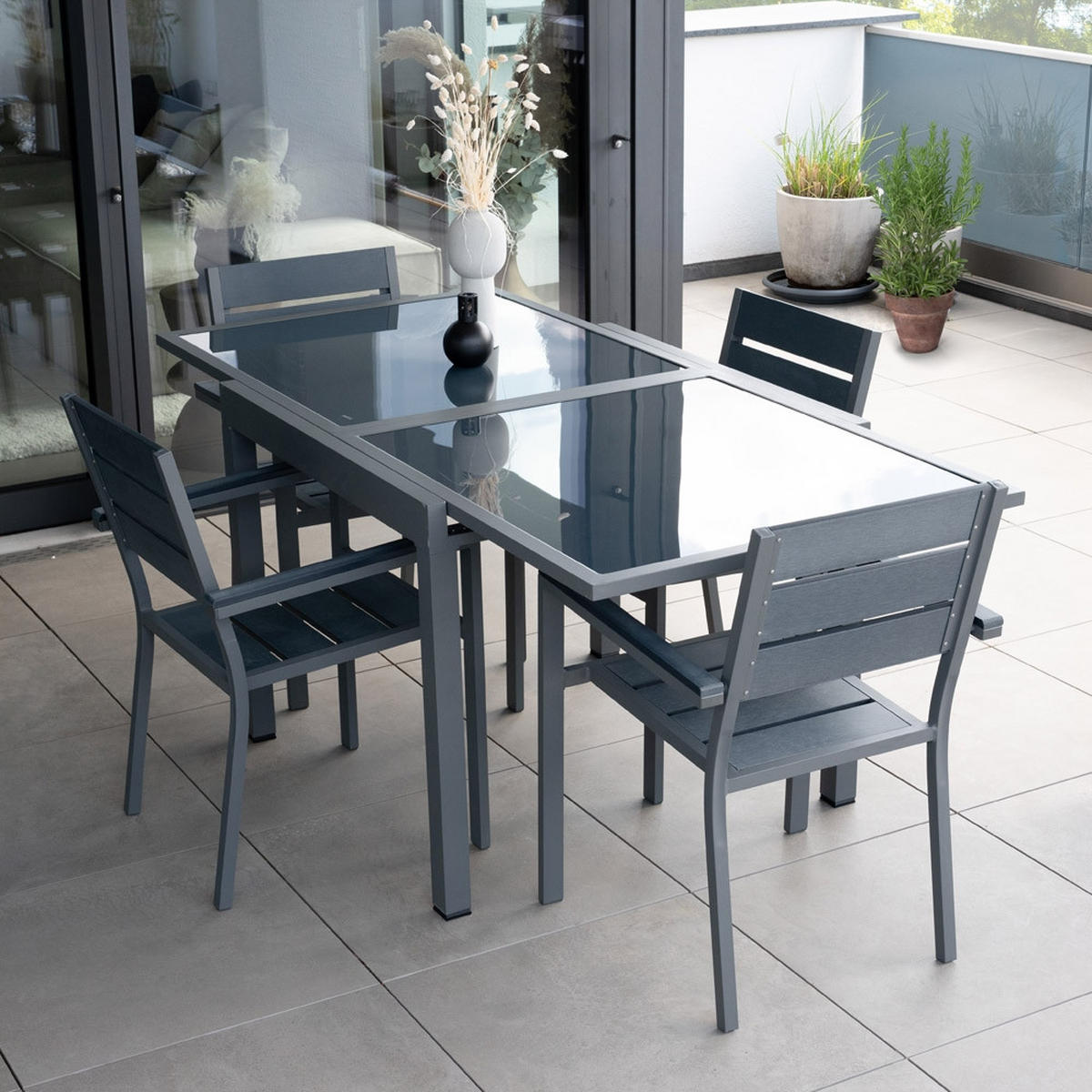 SITZGRUPPE VERANO MADERA - 3 tlg. - Anthrazit/Hellgrau, Glas/Metall - Home Deluxe