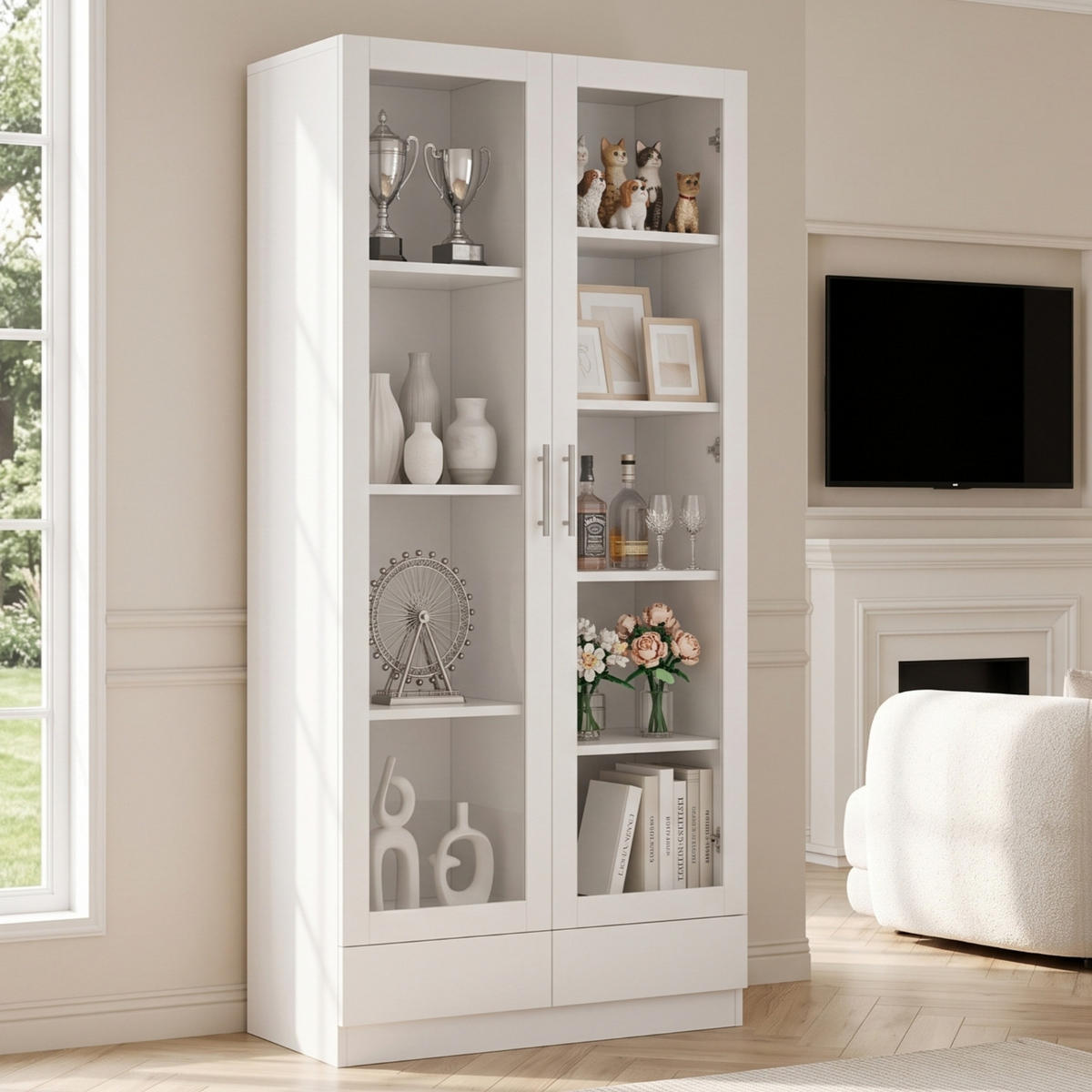 KÜCHENSCHRANKWEISS 80x40x160 cm, MDF und Glas, MIT 2 SCHUBLADEN, für Wohnzimmer und Büro - Weiß, Holzwerkstoff (40/160/80cm) - Rolipo