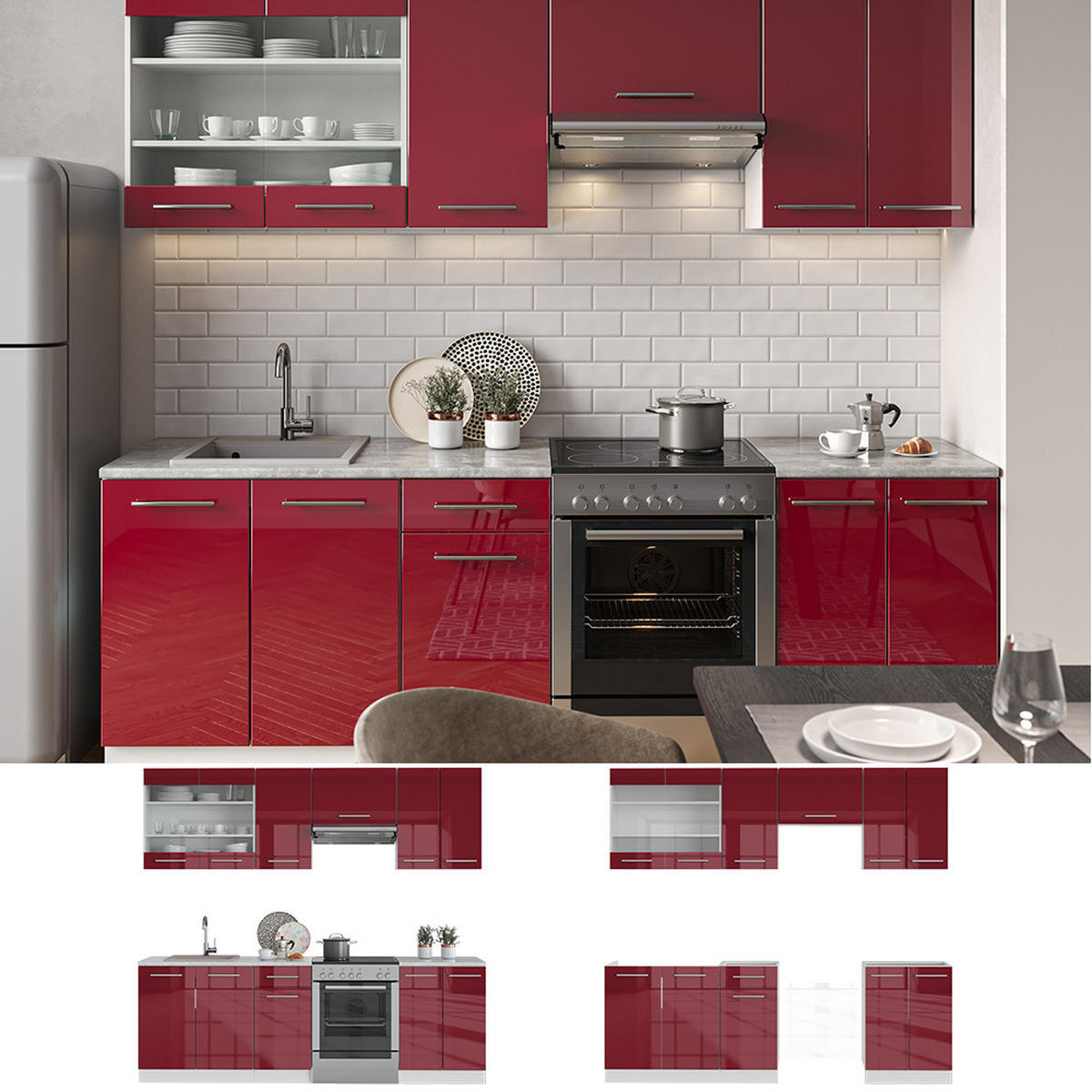 KÜCHENZEILE Fame-Line Bordeaux Hochglanz/Weiß 240 cm ohne AP - Bordeaux/Weiß, Holzwerkstoff (240/81.6/46cm) - Vicco