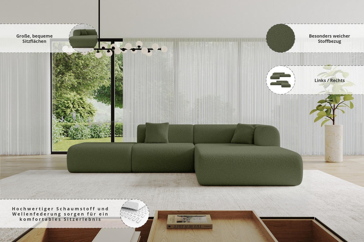 ECKSOFA Ottomane Rechts OVLY-L 289x176x71 Grün Bouclé - Schwarz/Grün, Holzwerkstoff/Kunststoff (289/176cm) - ALTDECOR