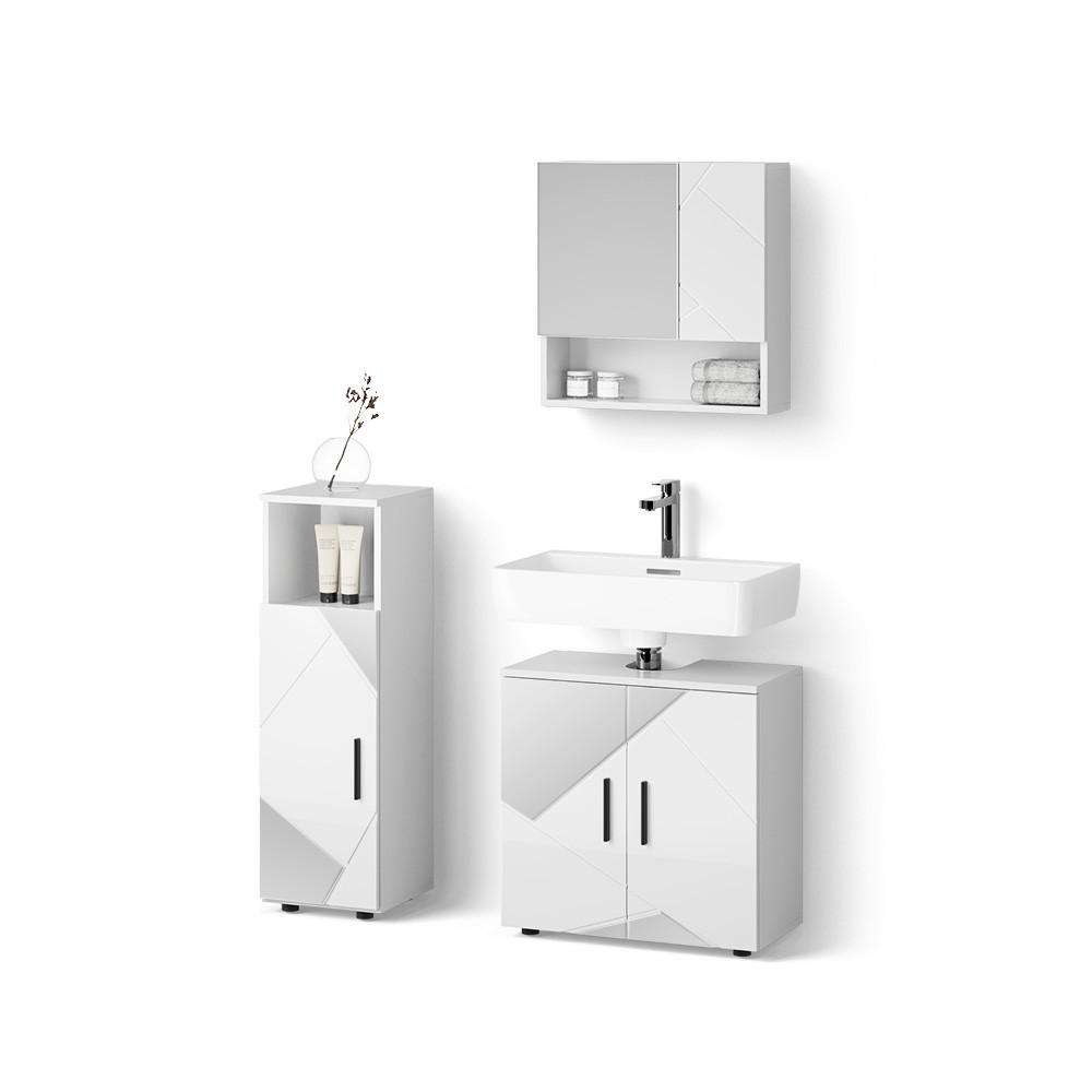 Livinity® SADA NÁBYTKU DO KOUPELNY Ronco, Bílý vysoký lesk s vložkami, 3dílná
