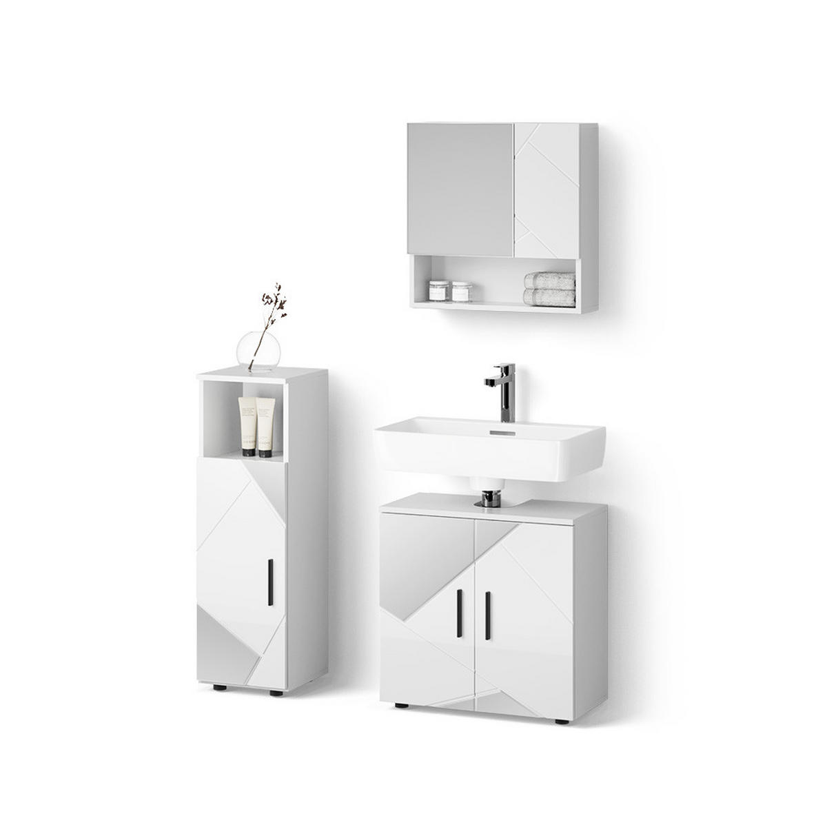 BADMÖBEL-SET Ronco Weiß Hochglanz mit Einsätzen 3 Teile - Weiß Hochglanz, Holzwerkstoff (60/60/59cm) - Livinity®
