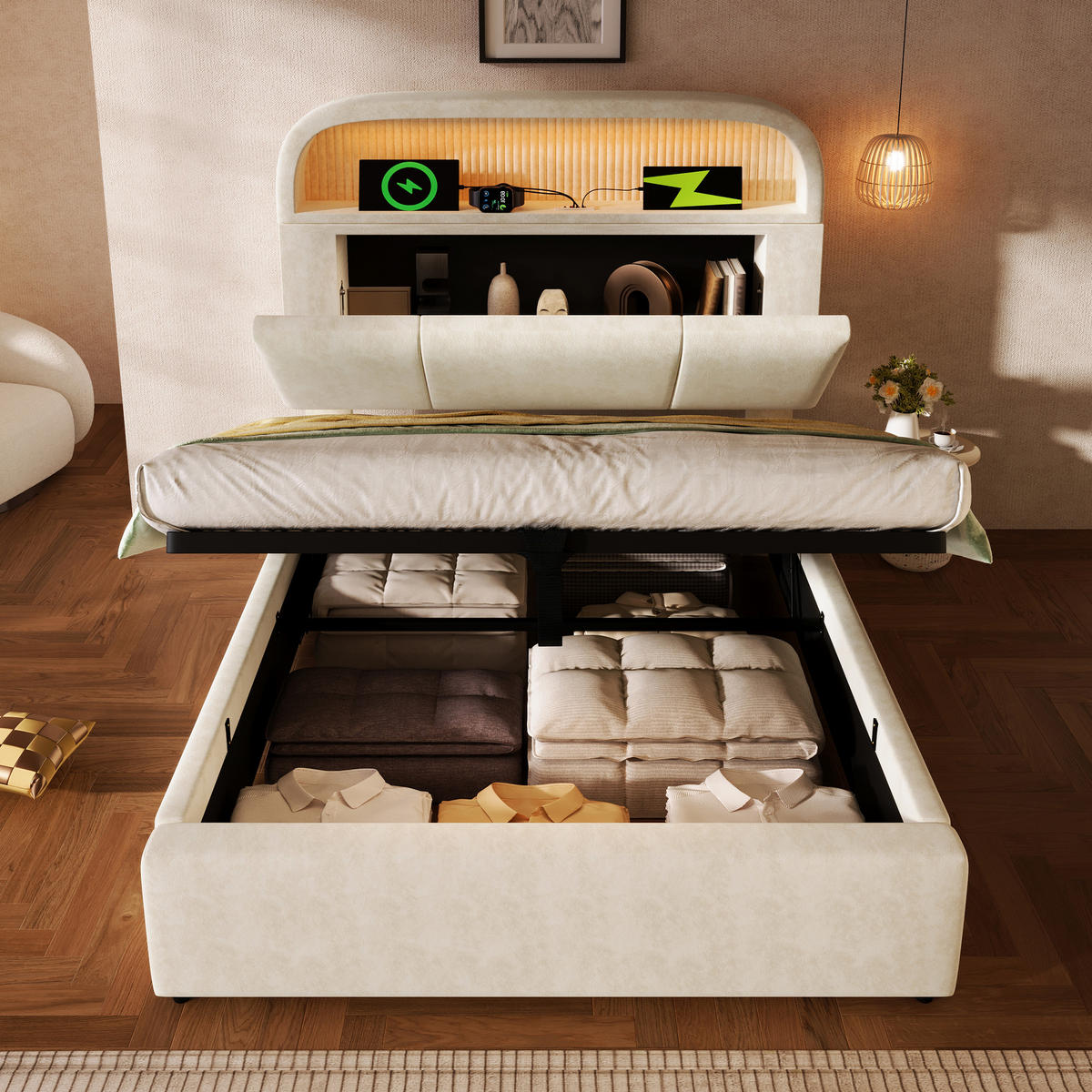 POLSTERBETT 90/200 cm Beiger mit Stauraum-Kopfteil und LED-Beleuchtung mit Matratze - Beige, Textil (90/200cm) - OKWISH