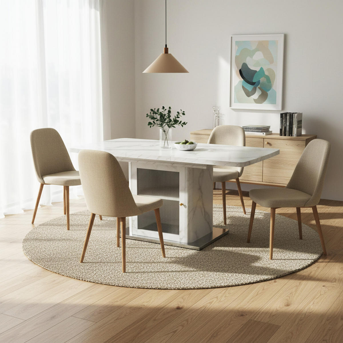 ESSTISCH Weiß Marmoroptik mit Ausziehfunktion & Stauraum-Sockel - Weiß, Glas/Holzwerkstoff (80/160/76cm) - Urban Meuble