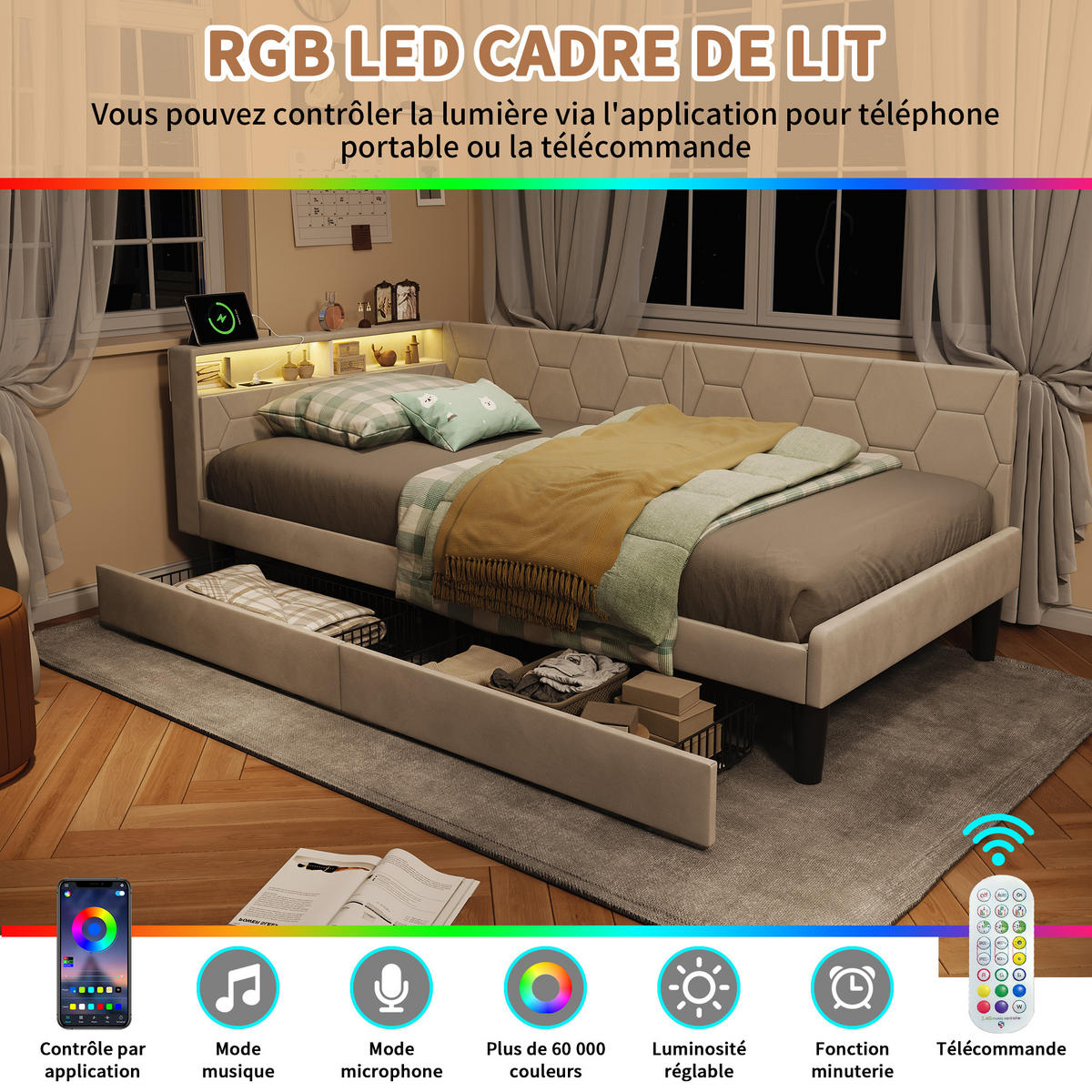 POLSTERBETT 90x200 cm LED USB Schubladen Lattenrost beige - Beige, Holz (90/200cm) - Fortuna Lai