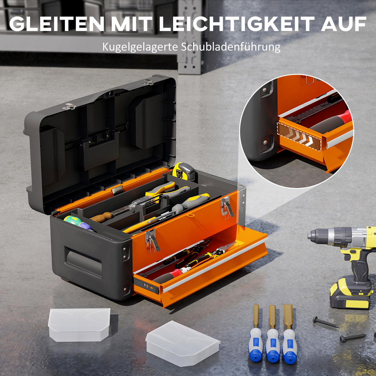 WERKZEUGKISTE leer, 49,7 x 25,3 x 23 cm aus Stahl, Orange - Orange, Metall (49.7/23/25.3cm) - HOMCOM