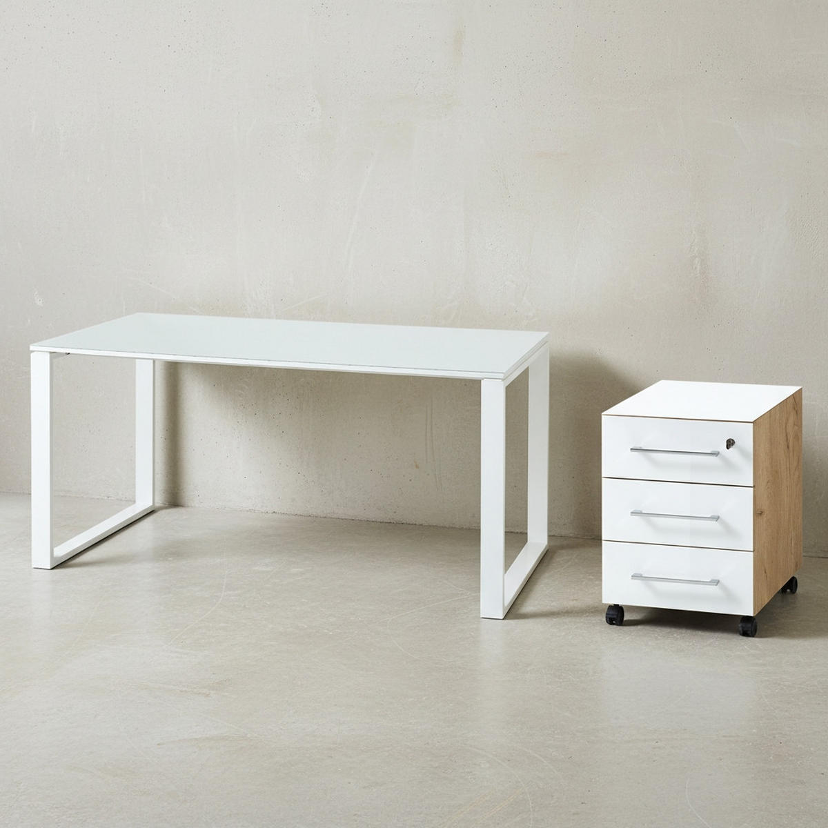 SCHREIBTISCH-SET MUENCHEN 160x80 cm | Glasplatte & Container | Chalet-Eiche-Nb./Weiß - Weiß, Glas/Metall (80/160/75cm) - KADIMA DESIGN