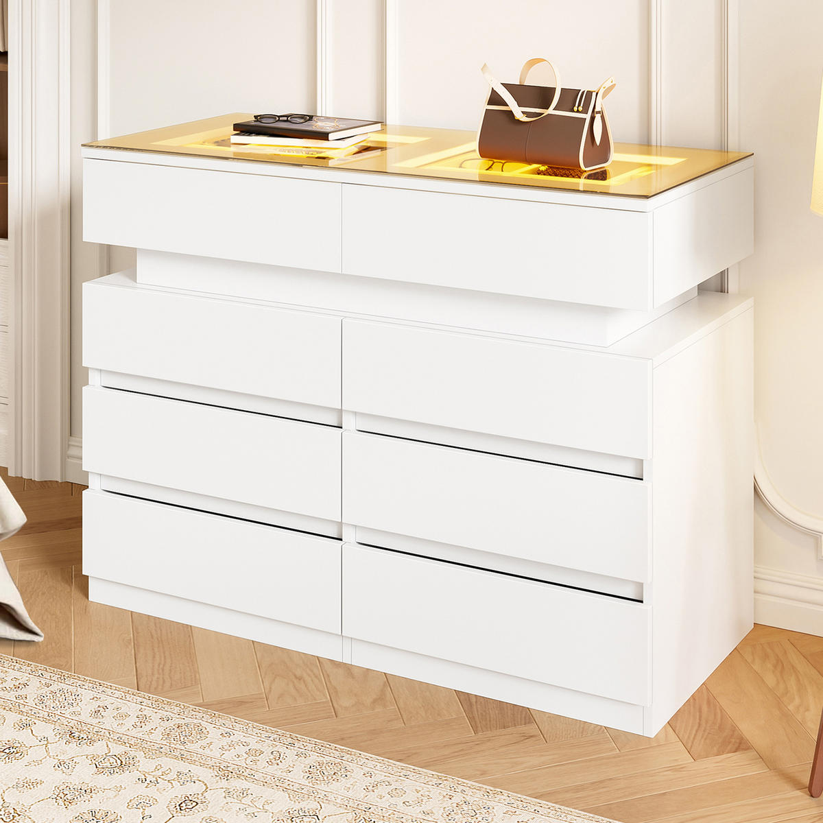 SIDEBOARD LED Glas 8 Schubladen Unterteilung Weiß 100cm Modern - Weiß, Glas (100/76/45cm) - FLIEKS