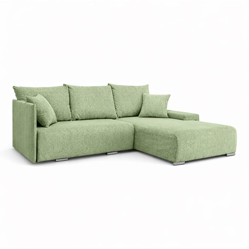 ECKSOFA L-Form Schlaffunktion Livorno Cord-Stoff Hellgrün Rechts - Chromfarben/Schwarz, Holz/Kunststoff (246/188cm) - Kaiser Möbel