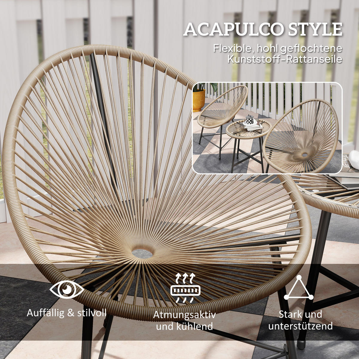 BALKONMÖBEL-SET 72/68/81 cm natur aus Rattan mit 2 Stühlen, Tisch und Glasplatte - Naturfarben, Naturmaterialen - OKWISH
