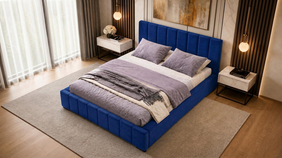 MARPUR Polsterbett NERO 180x200 cm mit Bettkasten und Lattenrost, Dunkelblau - Chromfarben/Dunkelblau, Holz/Holzwerkstoff (180/200cm) - Marpur