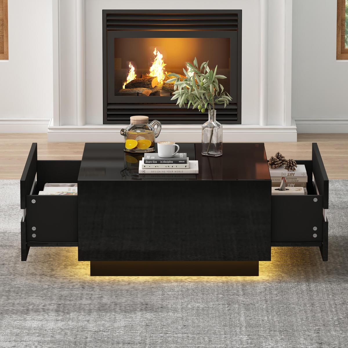 COUCHTISCH 70/70/36 cm schwarz mit 2 Schubladen und LED-Beleuchtung - Schwarz, Holzwerkstoff (70/70/36cm) - OKWISH