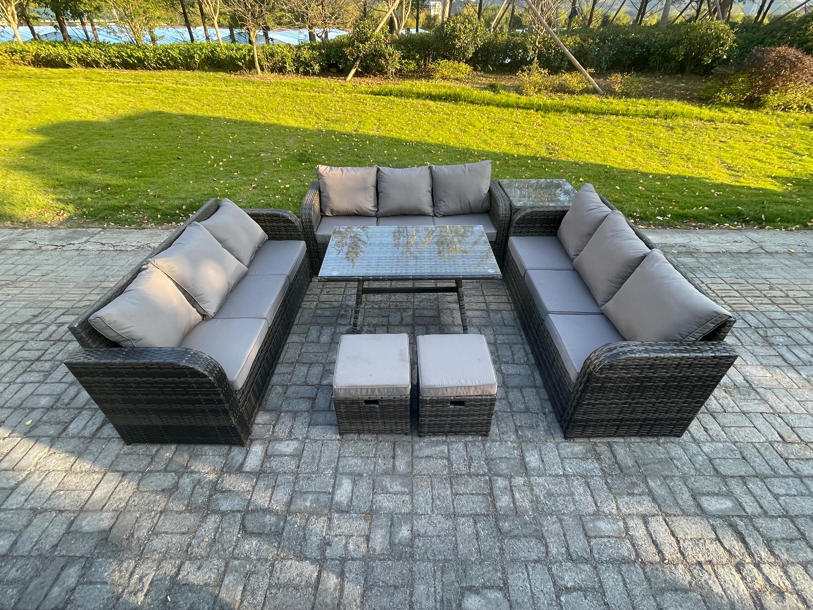 GARTENMÖBELSET mit ESSTISCH, 3-SITZER SOFA Polyrattan 11-Sitzer - Dunkelgrau/Grau, Glas/Kunststoff - Fimous