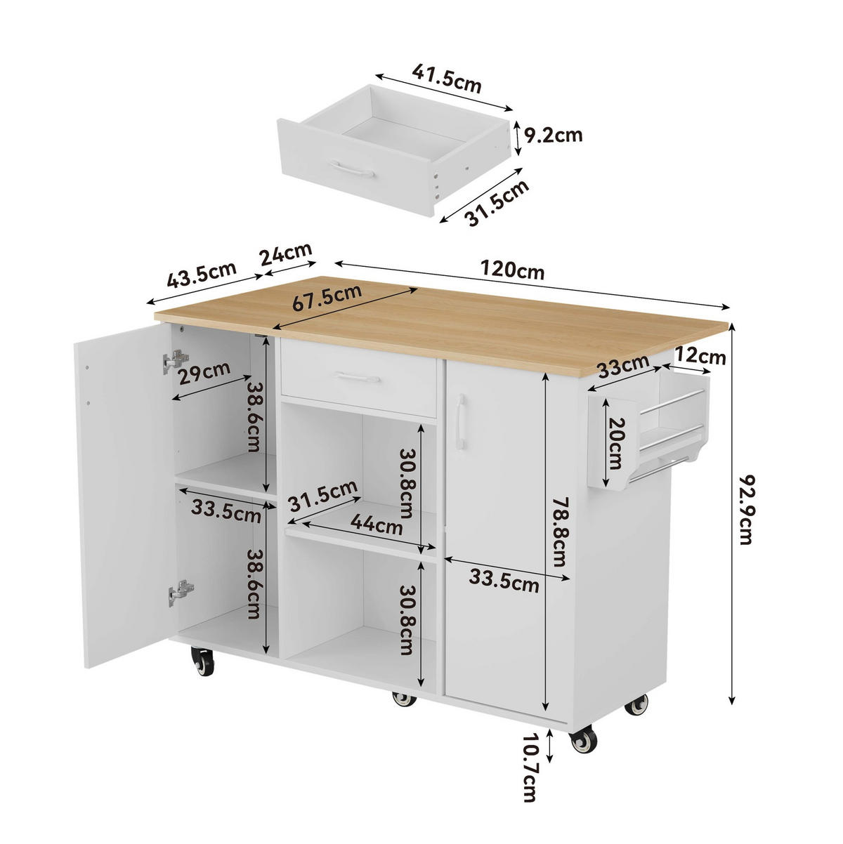 KÜCHENWAGEN mit klappbarer Arbeitsplatte, Schublade und Schränken, White+Natural - Weiß, Holz (67.5/92.8/136.5cm) - Beauniv