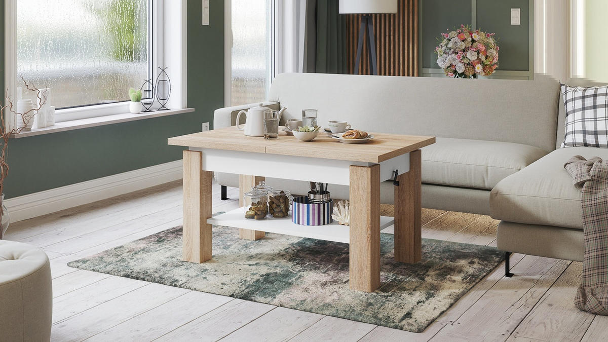 COUCHTISCH rechteckig Sonoma Eiche - Weiß ausziehbar höhenverstellbar - Weiß/Sonoma Eiche, Holzwerkstoff (68/110/59cm) - designimpex