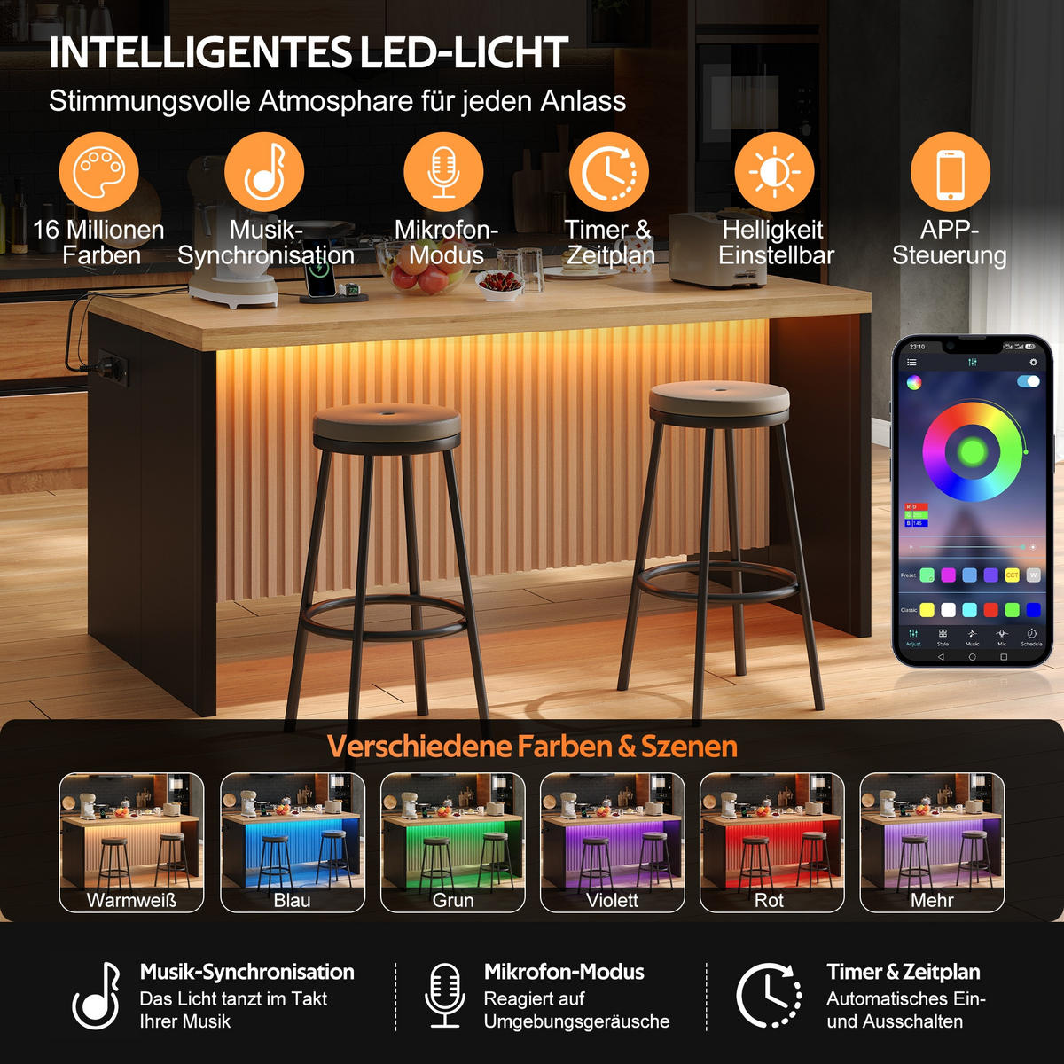 KÜCHENINSEL 155/80/90 cm Natürlich mit LED-Leuchten, 2 Steckdosen und 2 USB-Anschlüsse - Naturfarben, Holz/Holzwerkstoff (80/90/155cm) - Oxeza